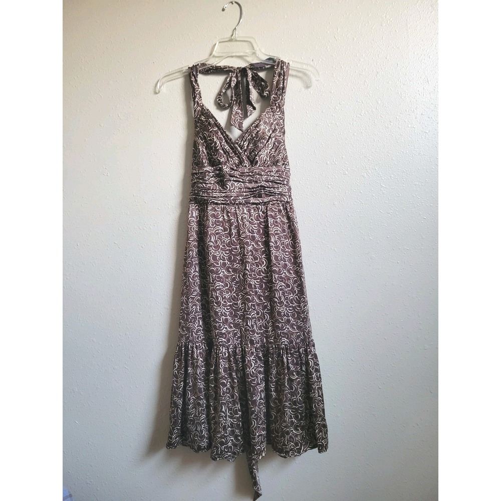 BCBG Maxazria Brown w/Beige Accent 100% Silk‎ Halter Dress Smocked Waist Size 4